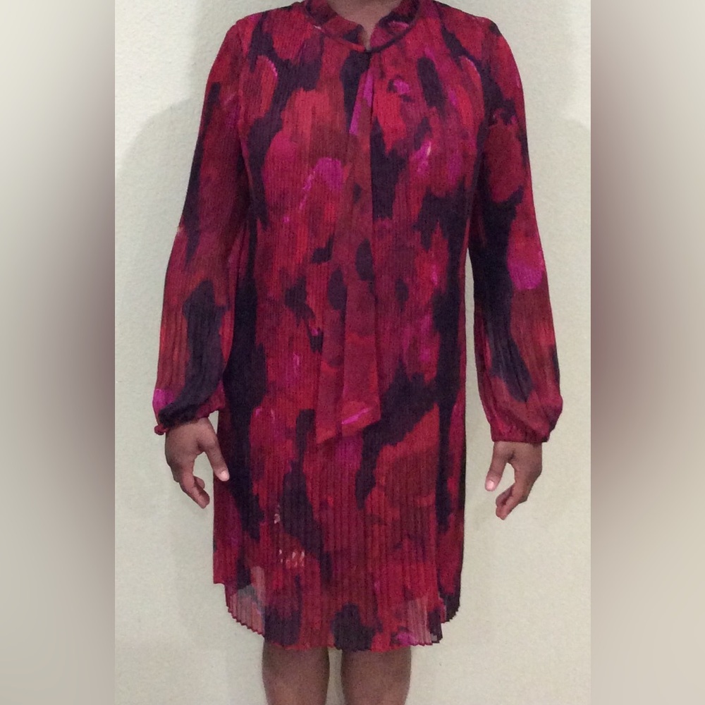 DKNY Women's long sleeve A-line pleated Tie Neck Dress MULTICOLORED Size:14